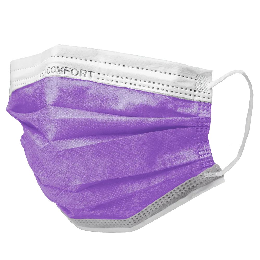 Violette Gesichtsmaske mit weißen Ohrschlaufen. Auf der Maske steht "COMFORT".
