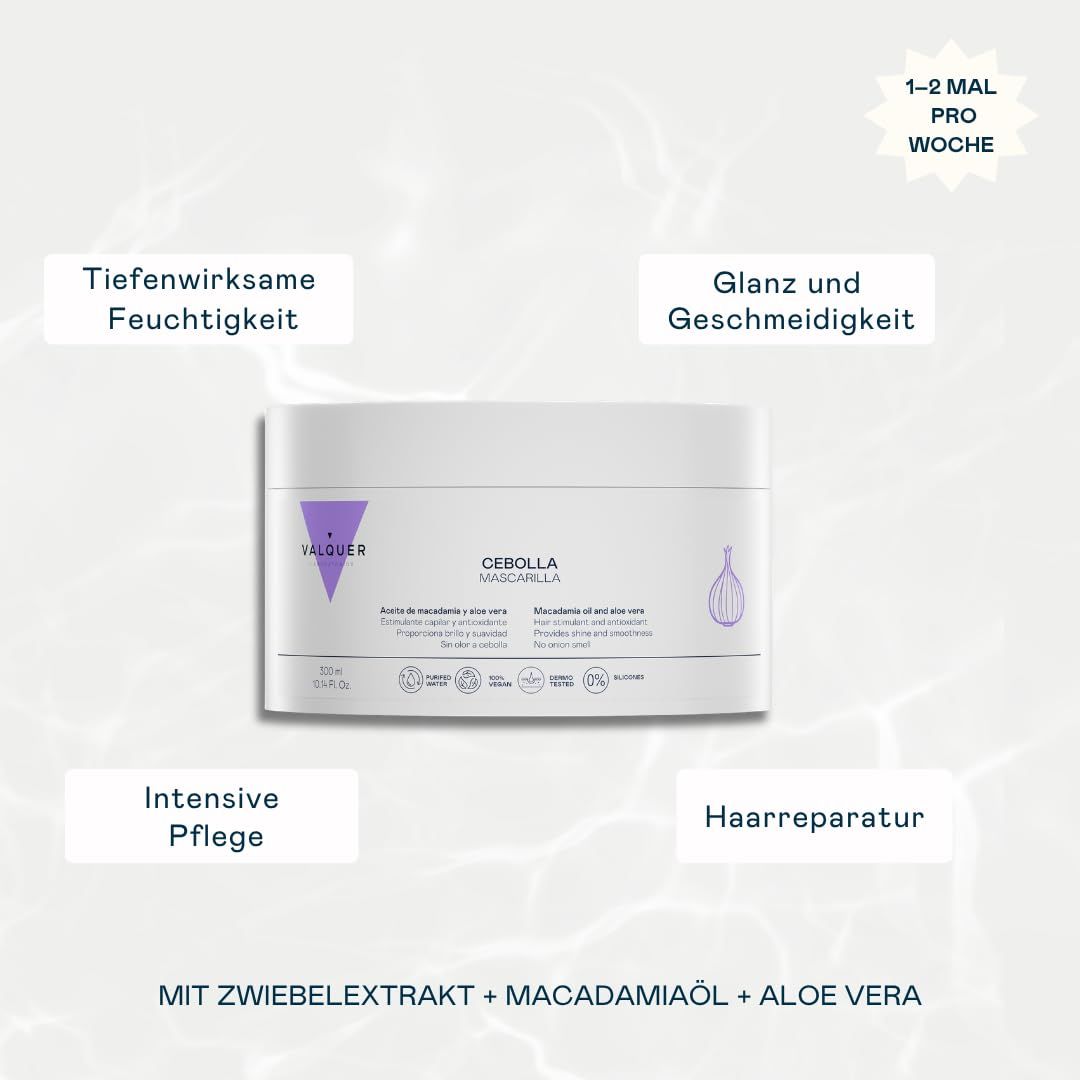 Valquer Cebolla Mascarilla mit Zwiebelextrakt, Macadamiaöl und Aloe Vera für Glanz und Geschmeidigkeit.
