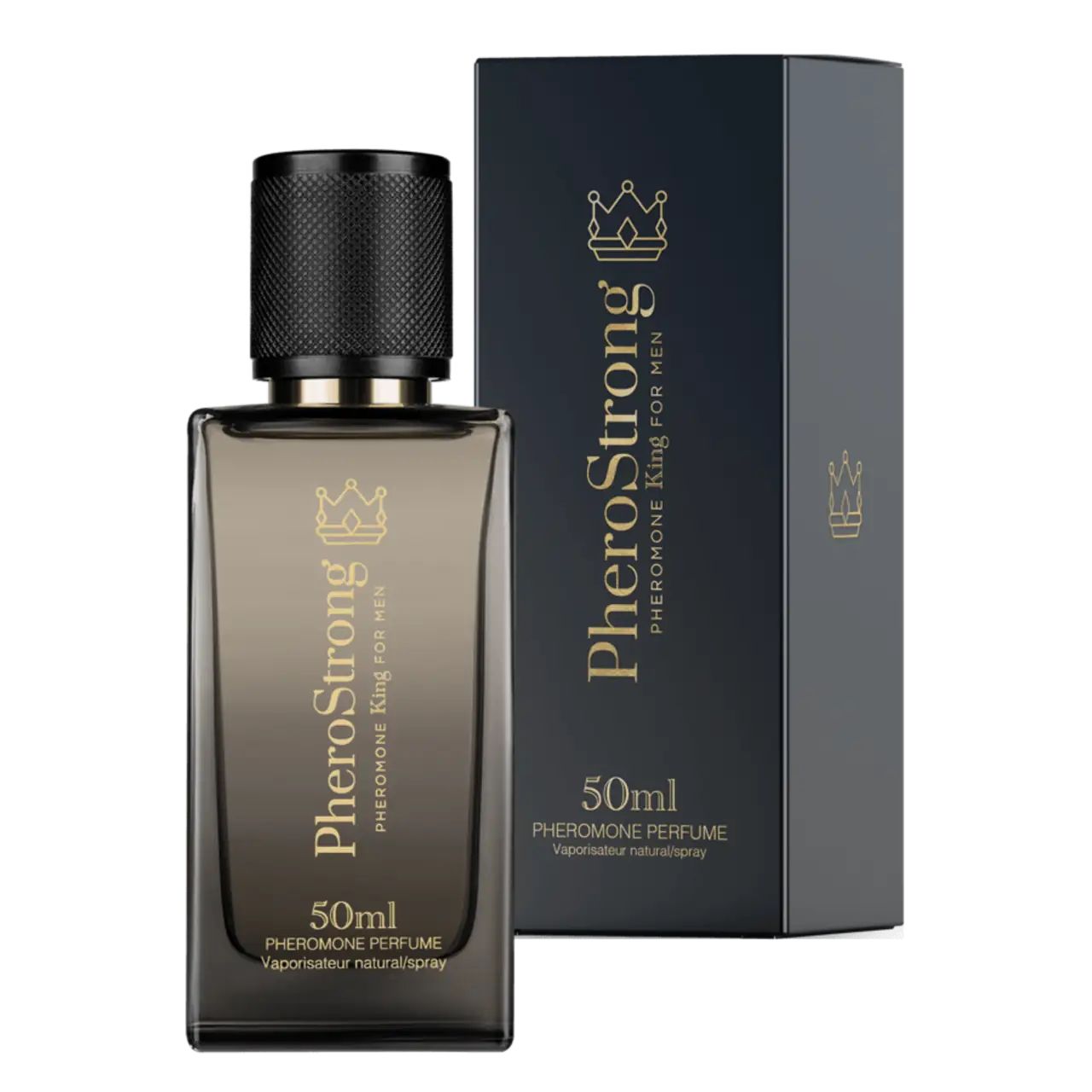 Parfümflasche und Verpackung. Flasche mit schwarzem Verschluss, rechteckig, dunkelgrau. Verpackung dunkelblau mit goldenem Logo und Schriftzug.