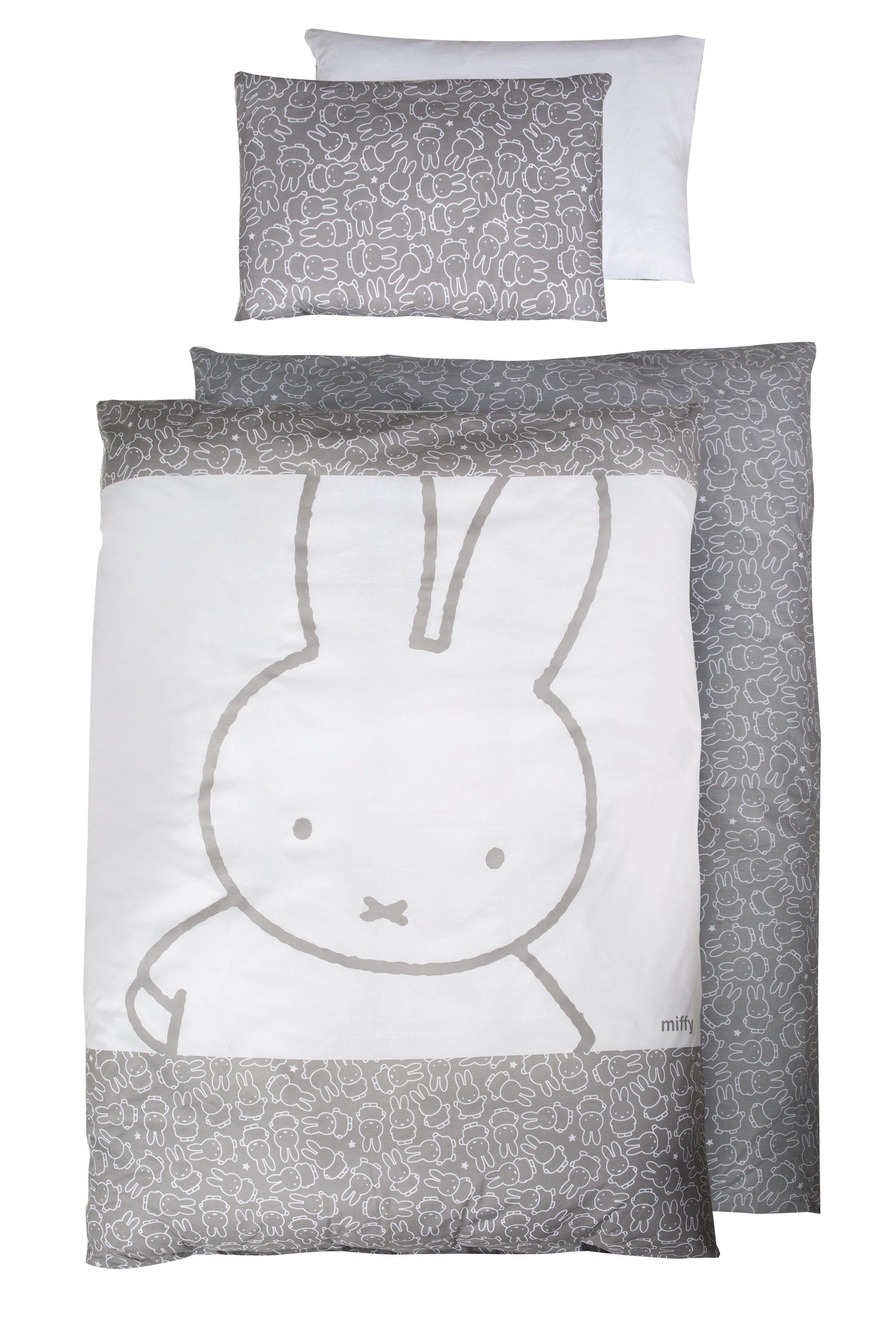 Bettwäsche-Set mit Miffy-Motiv. Decke mit großem Hasen, Kissen mit Hasenmuster. Grau-weiß. Baumwolle.