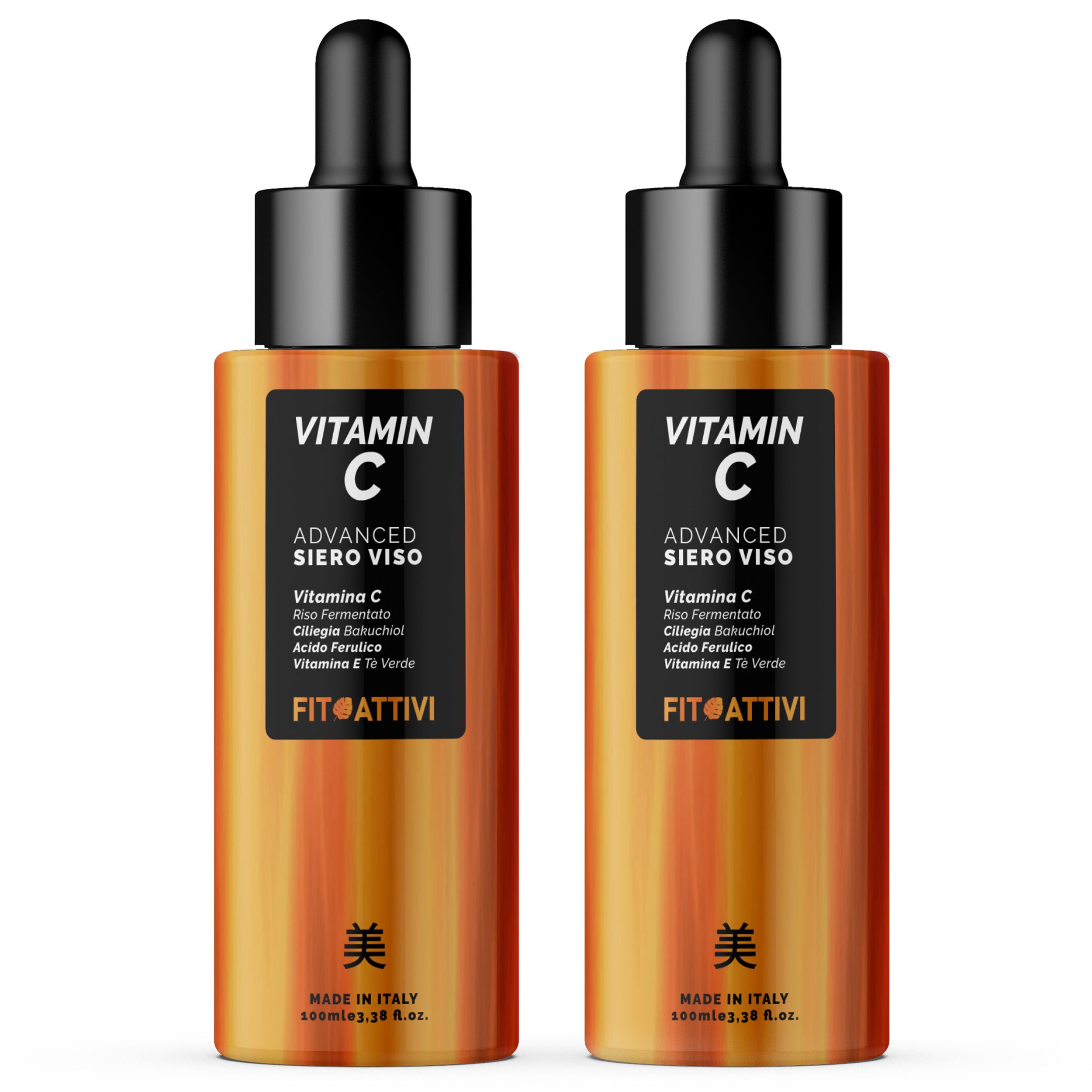 Zwei Flaschen Vitamin C Serum. Aufschrift: Vitamin C, Advanced Siero Viso. Marke: Fitoattivi. Mit Tropfer.