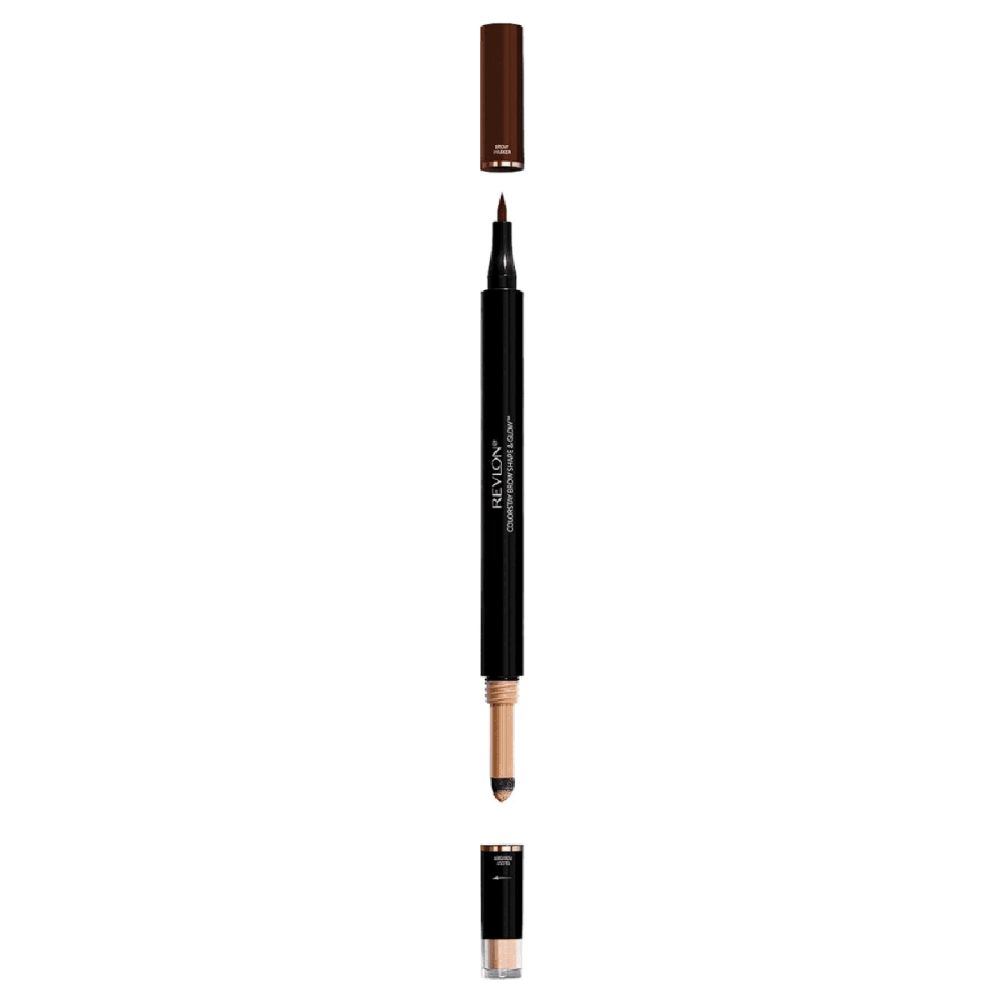 Revlon ColorStay Brow Shape & Glow Augenbrauenstift, getrennt. Dunkelbrauner Stift und Highlighter. Beide Enden mit Kappen.