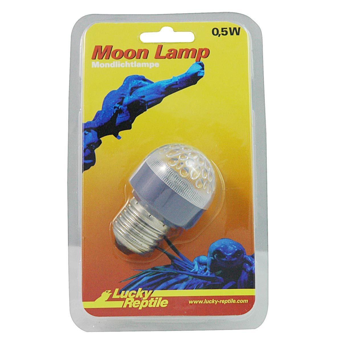 Mondlampe in Blisterverpackung. Blaue und gelbe Verpackung mit Produktnamen und Logo. Die Lampe hat einen blauen Sockel und einen transparenten Kopf.