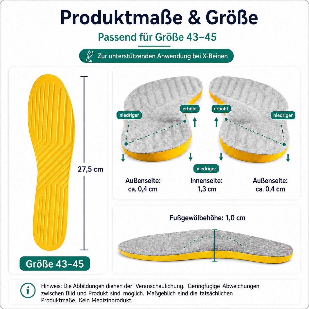 Einlegesohle mit Größenangabe 43-45, Länge 27,5 cm, und Höhenangaben.