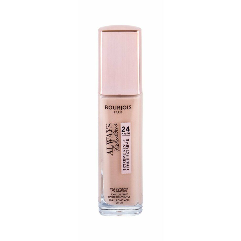 Foundation-Flakon. Marke Bourjois, Schriftzug Always Fabulous, 24H, SPF 20. Farbton Pink Vanilla.
