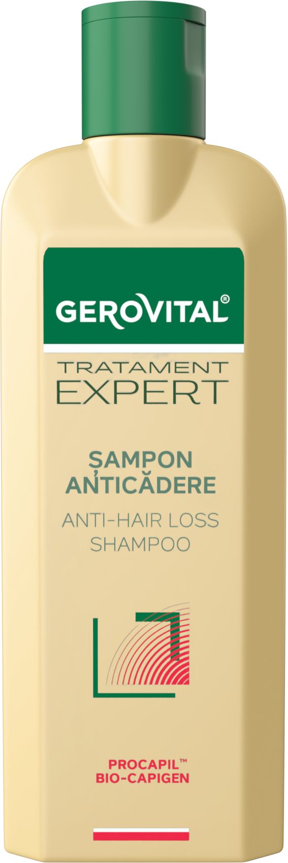 Beige Shampoo-Flasche mit grünem Deckel. Aufschrift: Gerovital, Tratament Expert, Sampon Anticadere, Anti-Hair Loss Shampoo. Logo.