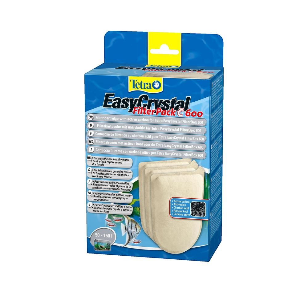 Verpackung mit Filterpatronen. Text: Tetra EasyCrystal FilterPack 600. Enthält Aktivkohle. Für Aquarien.