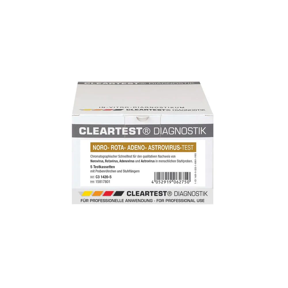 Weißer Karton mit Aufdruck. Beschriftung: Cleartest Diagnostik, Noro-Rota-Adeno-Astrovirus-Test. Enthält 5 Testkassetten. Für professionelle Anwendung.