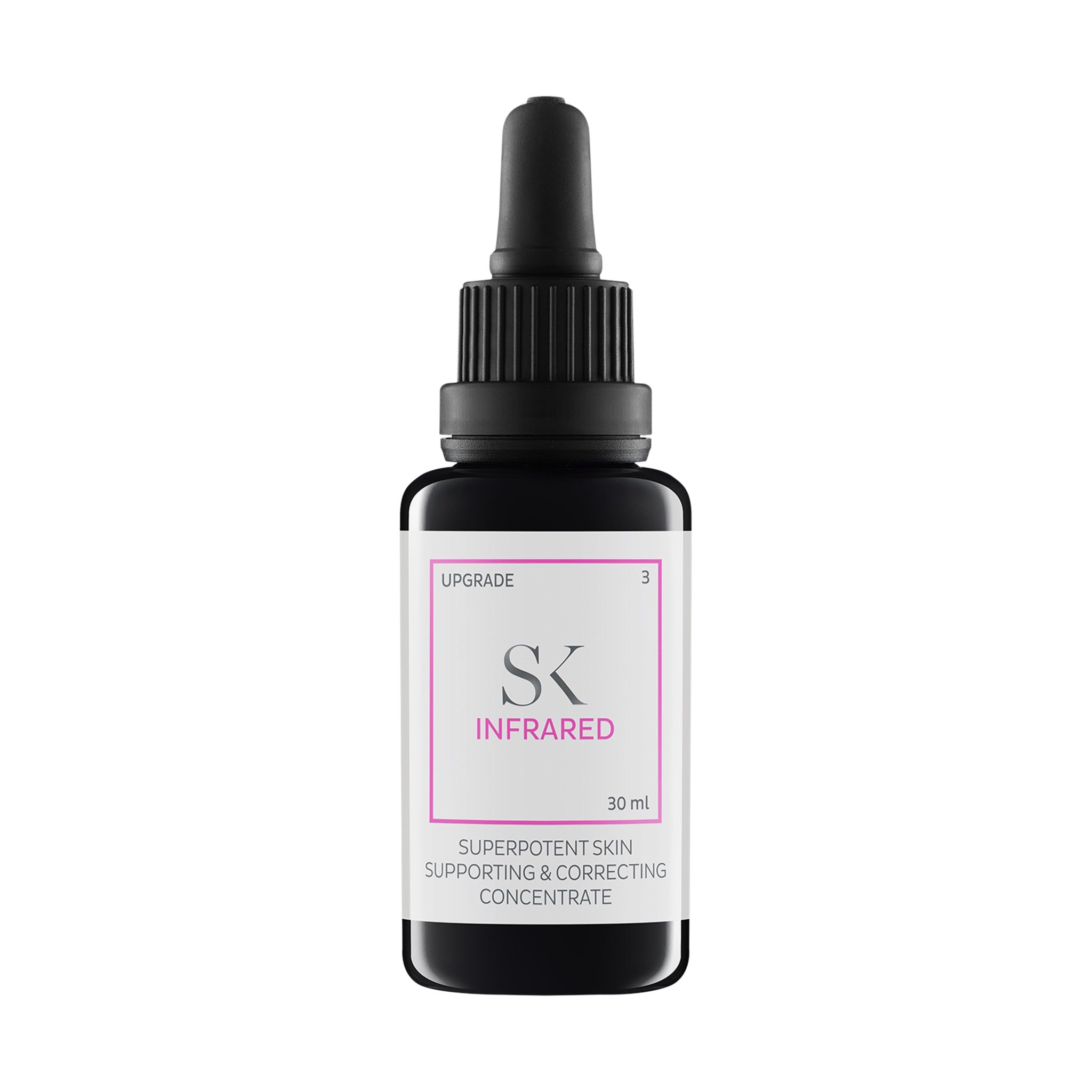 Dunkle Glasflasche mit Pipette. Etikett mit SK INFRARED, 30 ml. Aufschrift: SUPERPOTENT SKIN SUPPORTING & CORRECTING CONCENTRATE.
