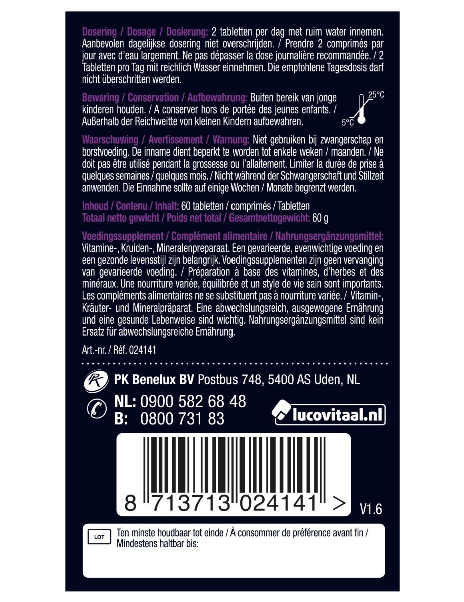 Rückseite der Verpackung von Lucovitaal Huid, Haar & Nagels Tabletten. Enthält Informationen zur Anwendung, Warnhinweise und Inhaltsstoffe.