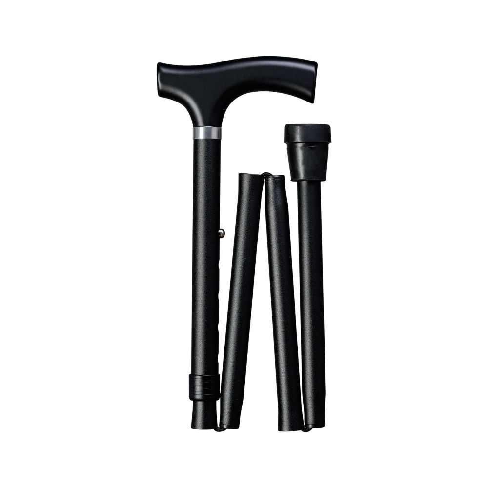 Schwarzer, zusammenklappbarer Gehstock mit gebogenem Griff. Der Stock ist in vier Teile gefaltet.