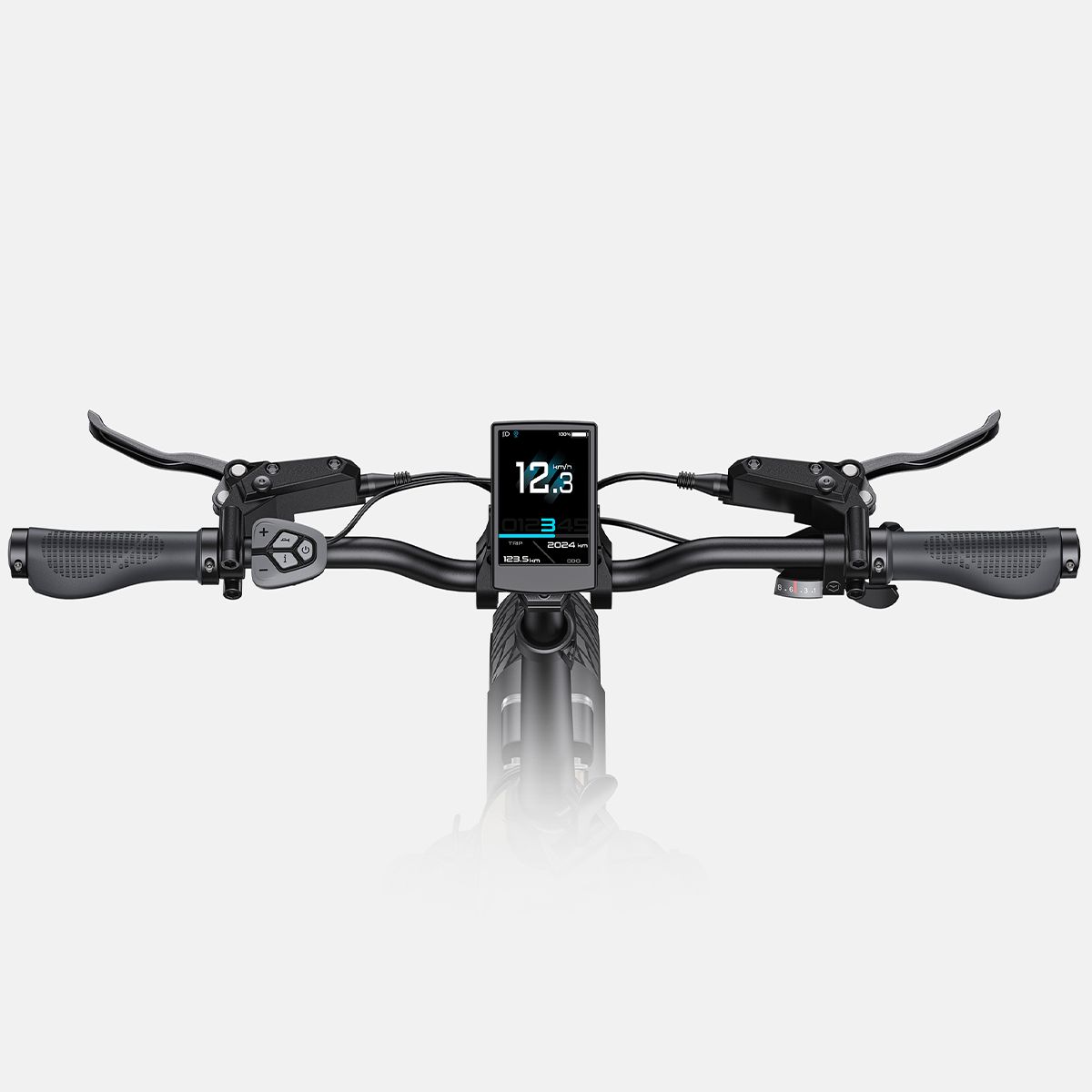 Lenker eines ENGWE L20 3.0 Pro E-Bikes. Digitales Display mit Anzeige. Bremshebel und Griffe.