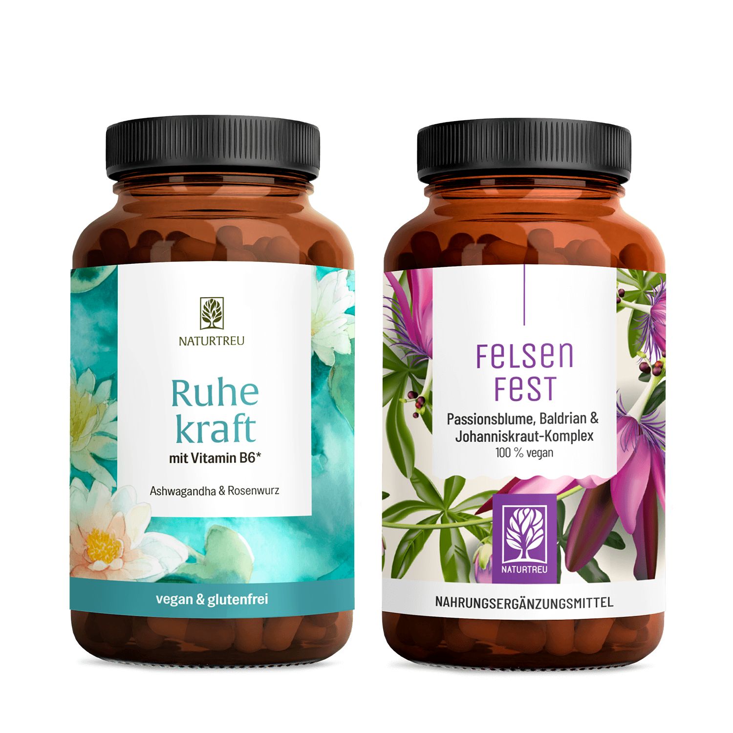 Zwei NATURTREU Nahrungsergänzungsmittel-Flaschen: RUHEKRAFT und FELSENFEST.