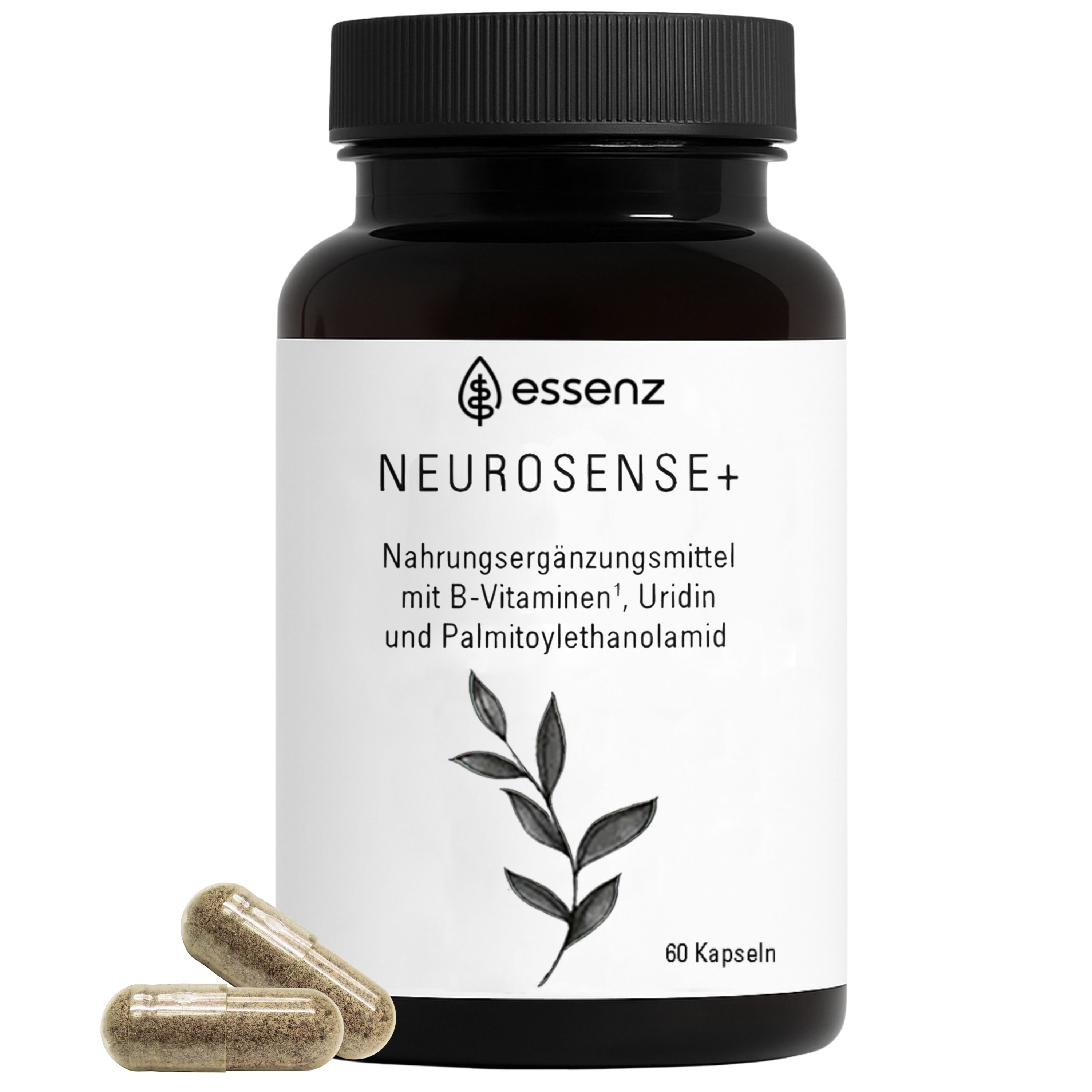 Essenz Neurosense+ Kapseln: Braune Flasche mit weißem Etikett, zwei Kapseln daneben.