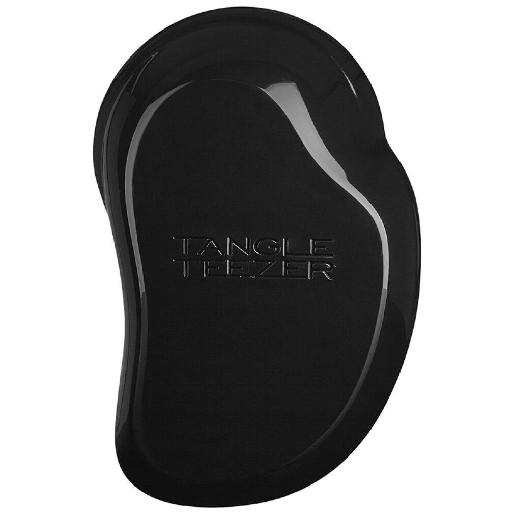 Schwarze Tangle Teezer Haarbürste mit glänzender Oberfläche und eingeprägtem Logo.