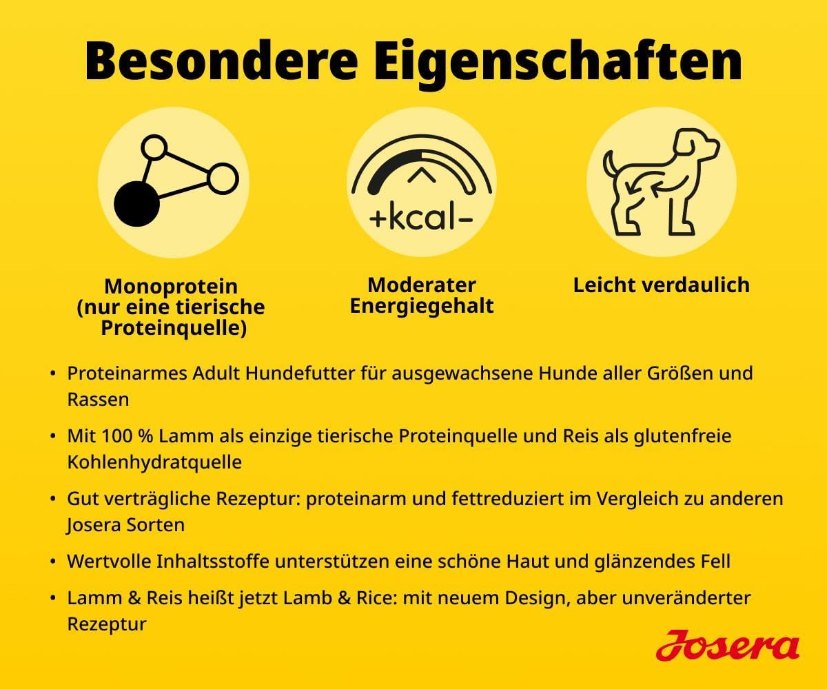 Josera Lamm & Reis: Monoprotein, moderater Energiegehalt, leicht verdaulich. Für ausgewachsene Hunde.