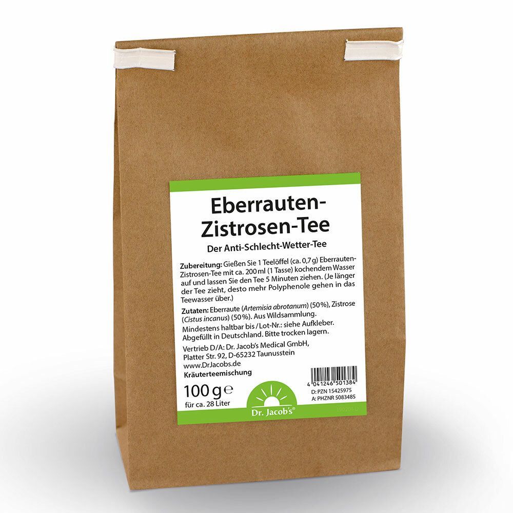 Braune Papiertüte mit grünem Etikett. Aufschrift: Eberrauten-Zistrosen-Tee. 100g Kräuterteemischung. Marke: Dr. Jacobs.