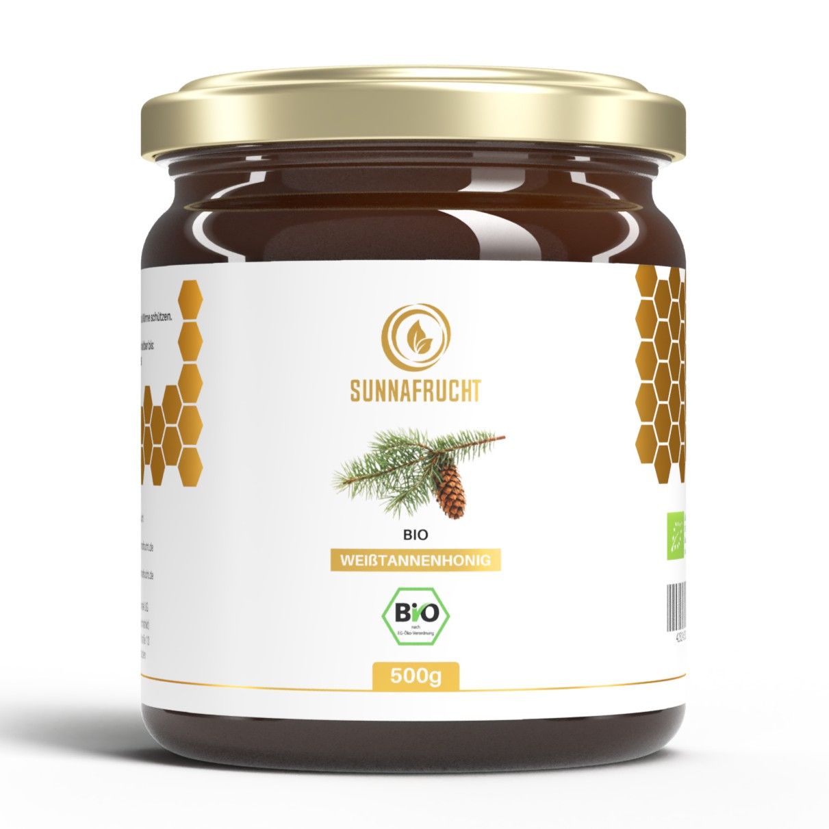 SUNNAFRUCHT® Bio Weißtannenhonig Glas mit 500g Inhalt, goldfarbener Deckel, Etikett mit Tannenzweig und Zapfen.
