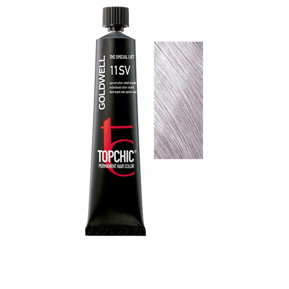 Goldwell Topchic Haarfarbe Tube, 11SV. Schwarze Tube mit Produktbezeichnung und Farbmuster. Silber-violett.