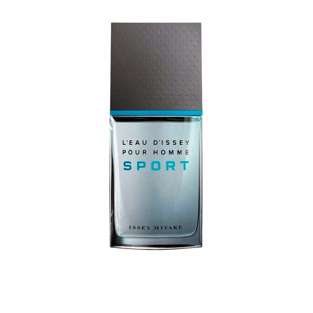 Rechteckiger Flakon mit grauem Deckel. Aufschrift: L'EAU D'ISSEY POUR HOMME SPORT. Marke: ISSEY MIYAKE.