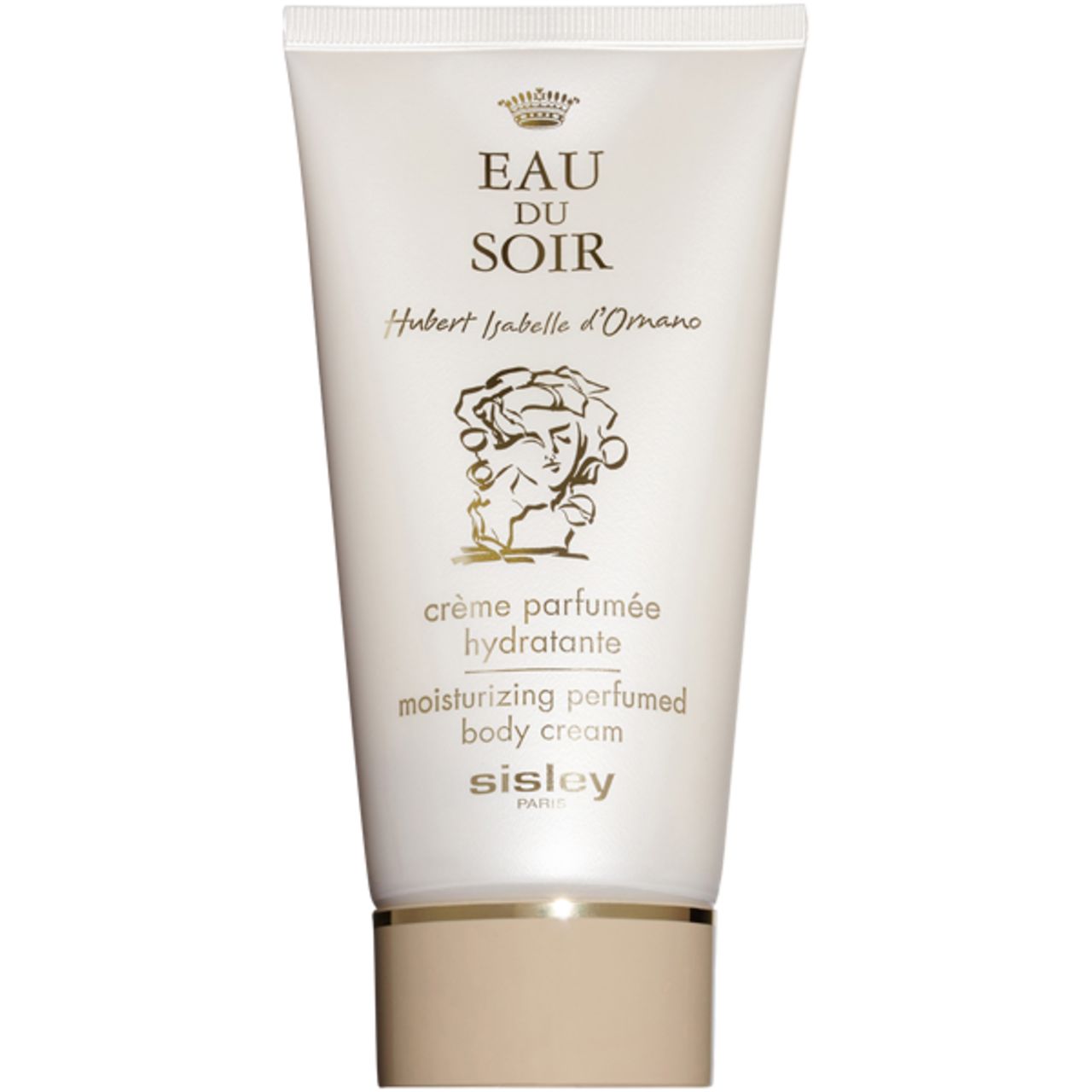 Creme-Tube, weiß mit goldfarbenen Akzenten. Aufschrift: Eau du Soir, Crème Parfumée Hydratante, Sisley.