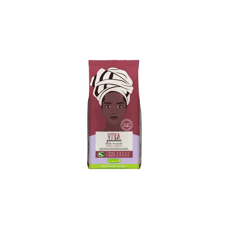 Verpackung mit Viva gemahlen. Aufdruck: Frau mit Turban. Text: Viva gemahlen, Arabica & Robusta, Bio-Kaffee.