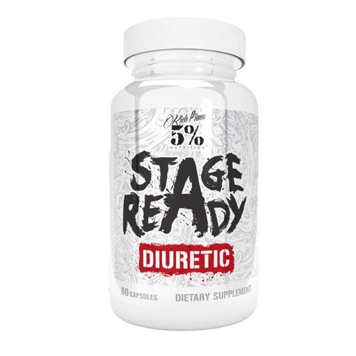 Weißes Plastikfläschchen mit Kapseln. Aufschrift: STAGE READY DIURETIC. Marke: Rich Piana 5% Nutrition.