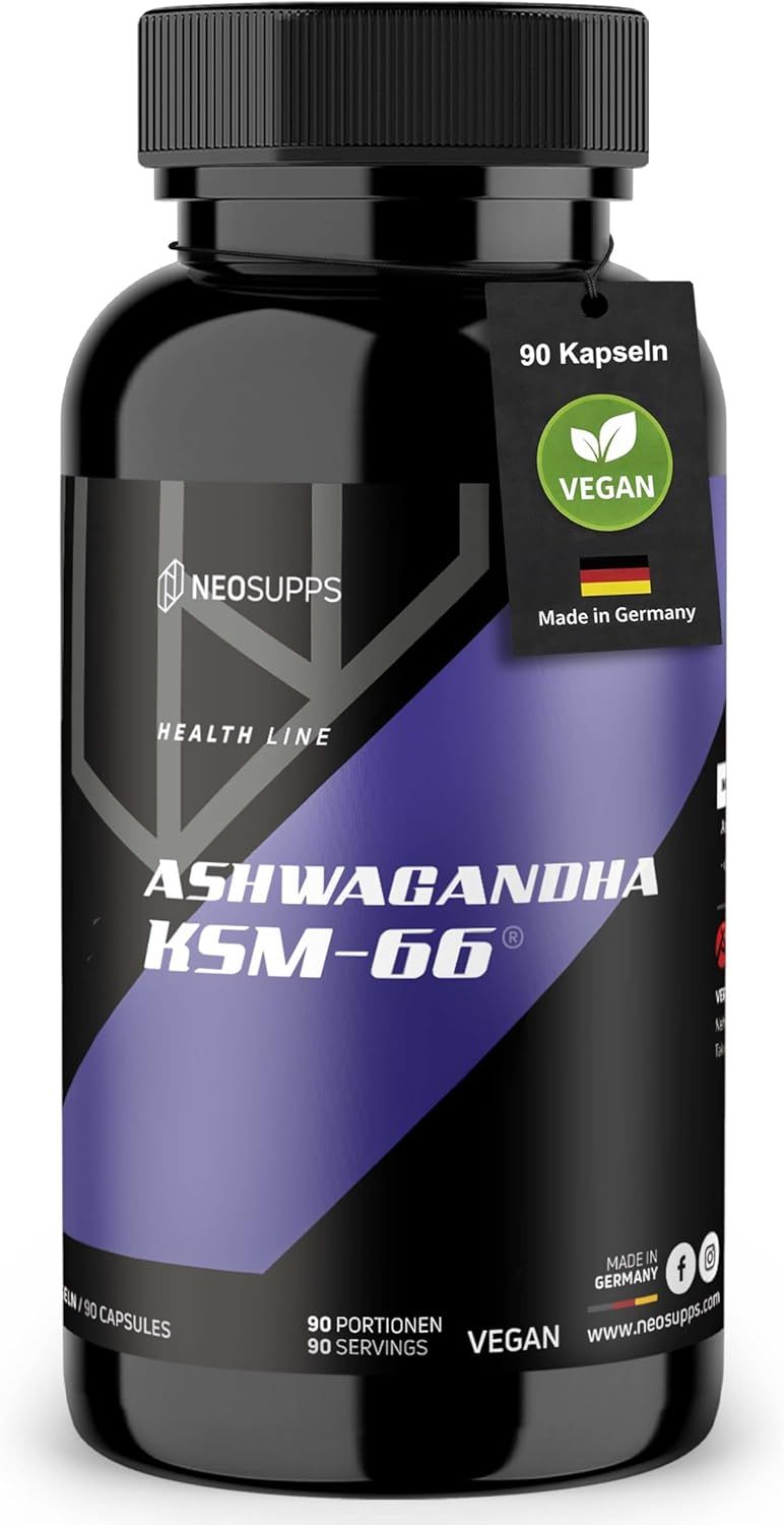 Schwarze Flasche "ASHWAGANDHA KSM-66" mit 90 Kapseln. Vegan-Siegel und Made in Germany.