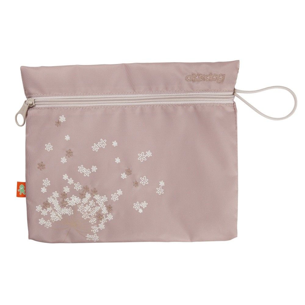 Rosa Zubehörtasche mit Reißverschluss und Blumenmuster. Marke Okiedog. Mit Kordel und kleinem Logo-Etikett.