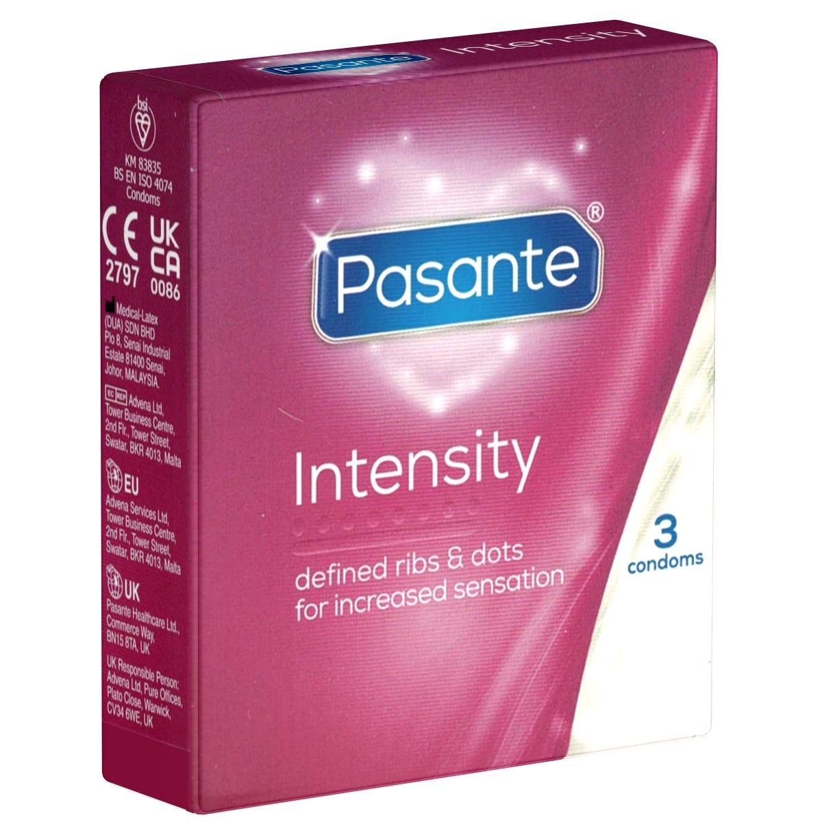 Kondom-Box. Lila mit Produktnamen und -bezeichnung. Marke: Pasante, Produkt: Intensity. Enthält 3 Kondome. Mit CE-Kennzeichnung.