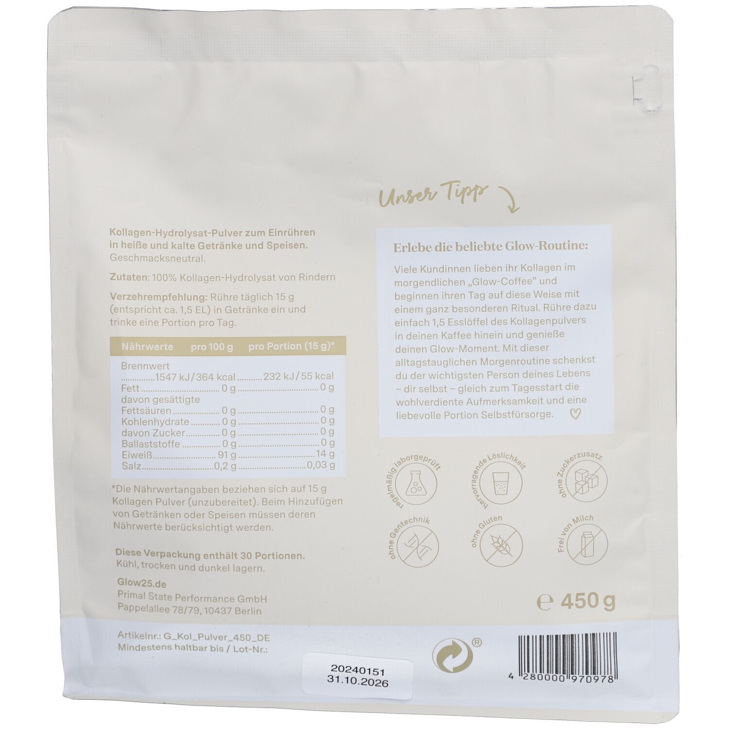 Beutel mit Glow25 Kollagen Pulver. Rückseite mit Nährwertangaben, Text und Logos. 450 g.