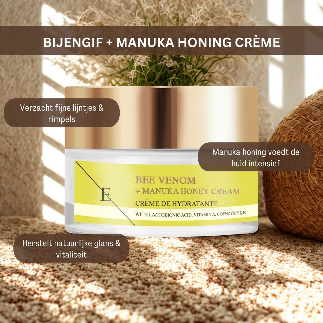 Creme-Glas mit goldfarbenem Deckel und gelbem Etikett. Text: Bienengift + Manuka Honig Creme. Mit Lactobionsäure, Vitamin A, Coenzym Q10.