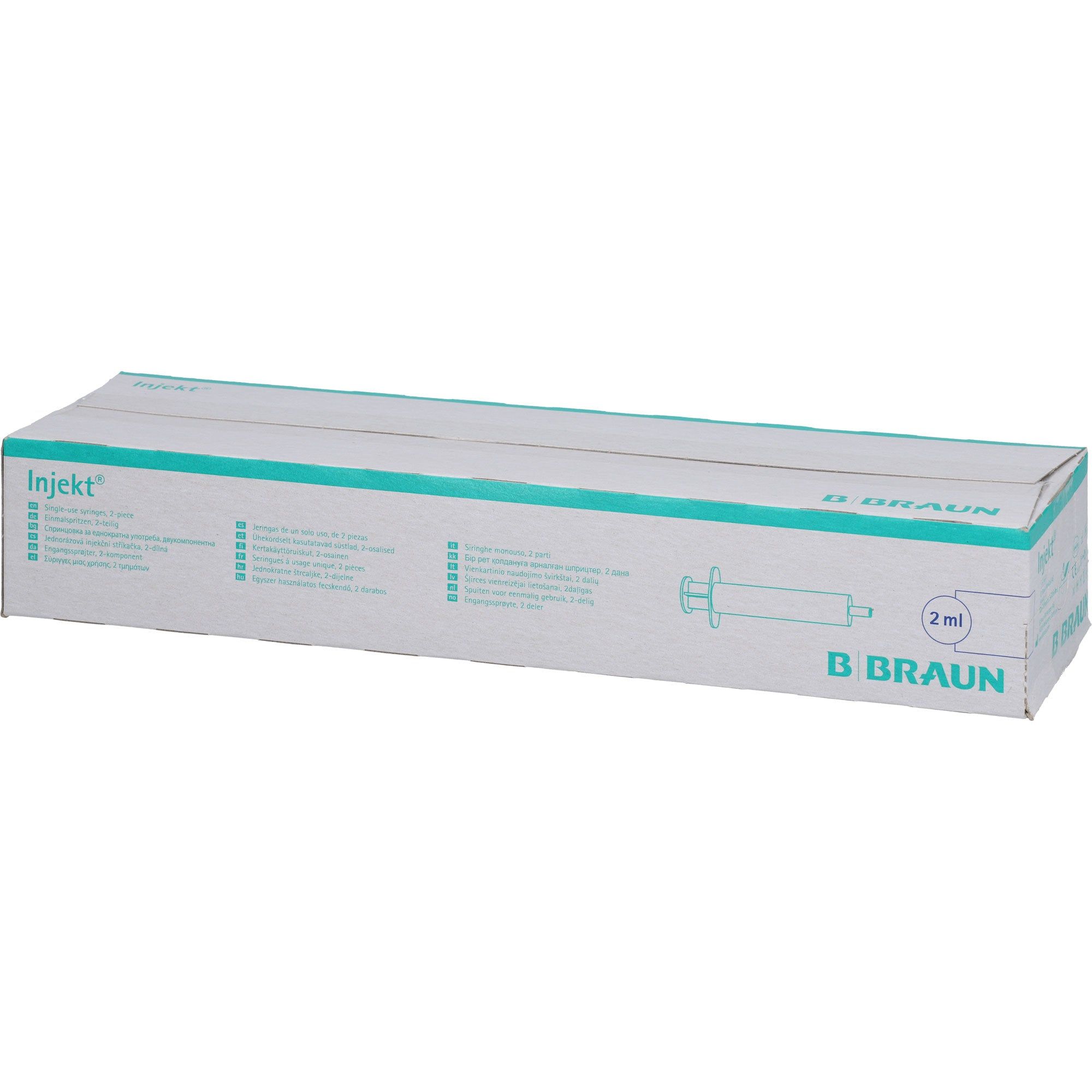 Verpackung von B. Braun Injekt® Luer Lock Solo. Weißer Karton mit türkisfarbenen Akzenten. Produktname und Marke sichtbar. 2 ml-Angabe.