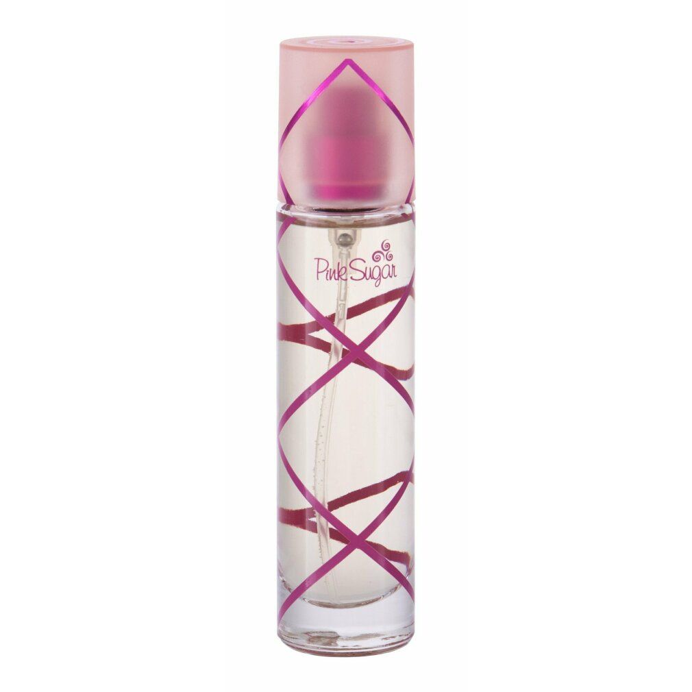 Aquolina Pink Sugar Eau de Toilette Spray. Transparente Flasche mit rosa Verzierungen und Deckel.