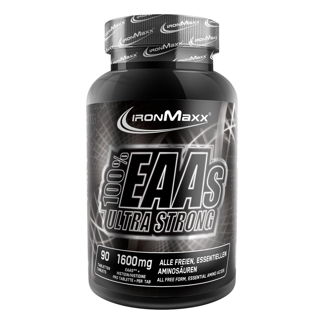 Schwarze Flasche mit dem Aufdruck "IronMaxx 100% EAAs Ultra Strong". Enthält 90 Tabletten. Aufschrift: "Alle freien, essentiellen Aminosäuren".
