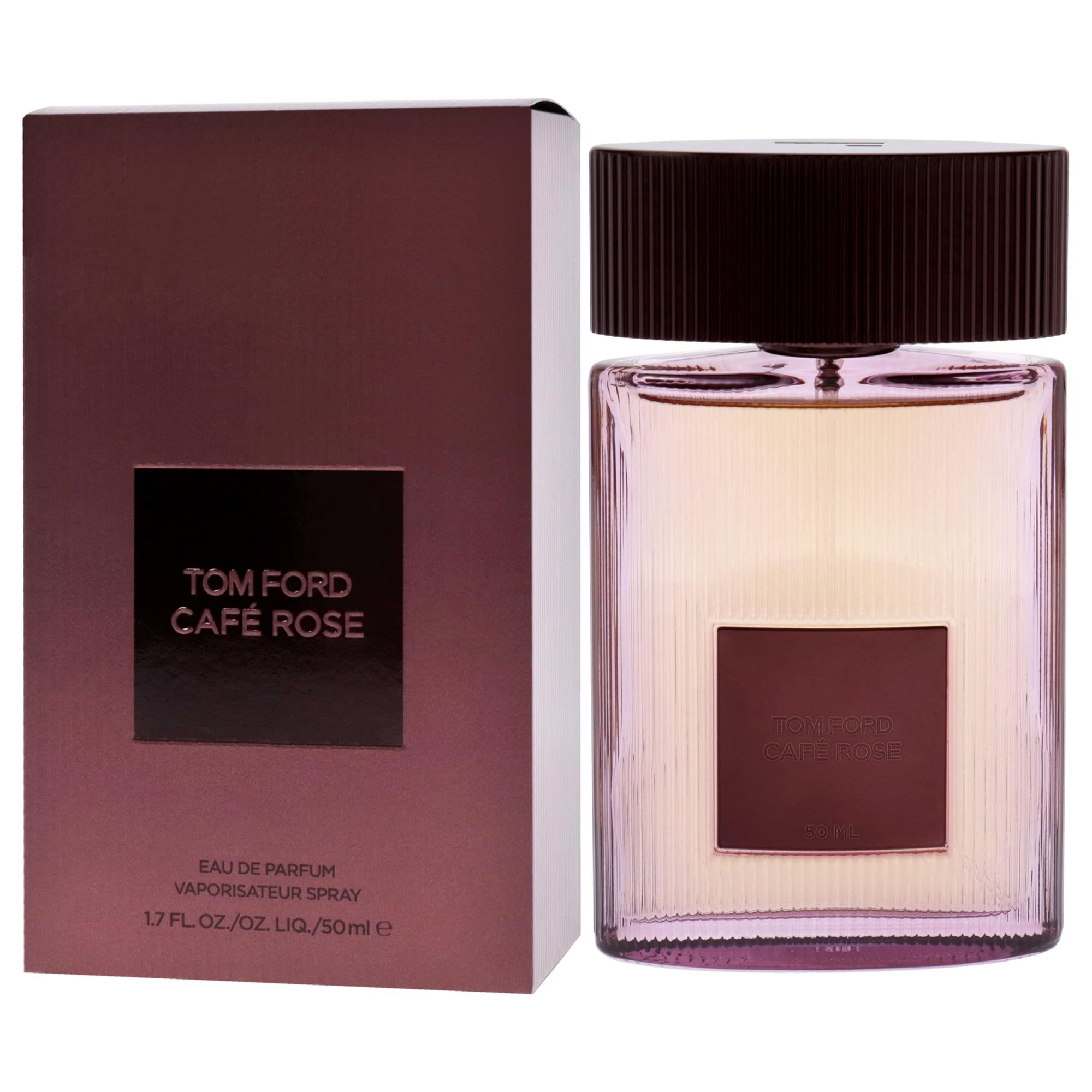 TOM FORD CAFE ROSE Flakon und Verpackung. Flakon mit braunem Deckel und rechteckigem Etikett. Verpackung in Rotbraun.