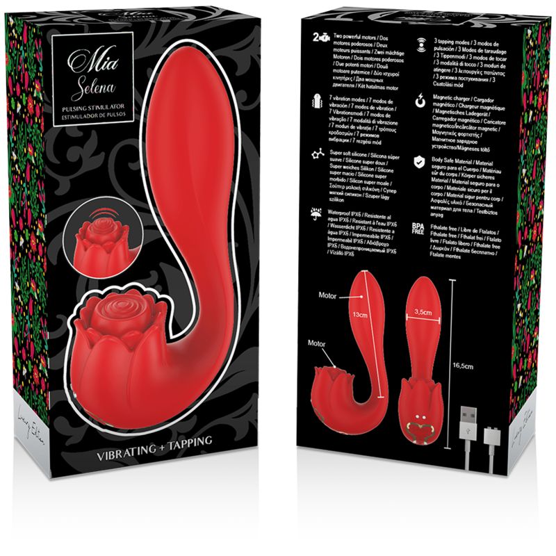 Produktverpackung mit rotem Vibrator in Rosenform. Text: Mia Selena, Vibrating + Tapping.