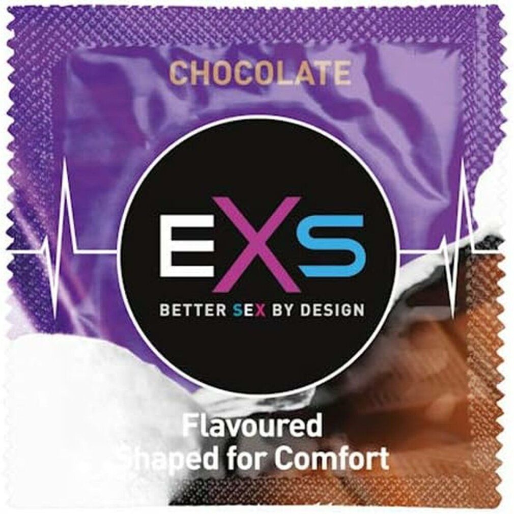 Kondomverpackung mit "Chocolate" und "EXS" Logo. "Flavoured" und "Shaped for Comfort" stehen unten.