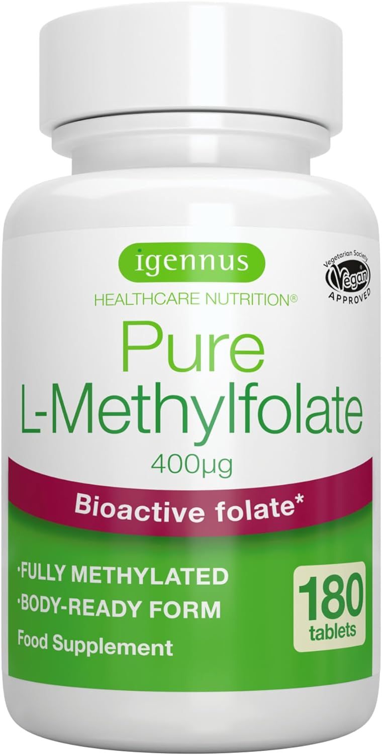 Un flacone bianco di "Pure L-Methylfolate" di Igennus con 180 compresse. L'etichetta mostra "400µg Folato bioattivo" e "Forma completamente metilata, pronta per l'uso". Il prodotto è un integratore alimentare.