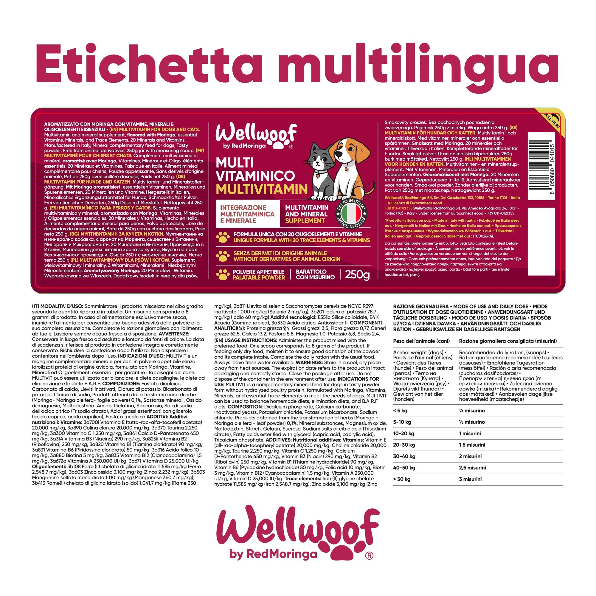 Mehrsprachiges Etikett. Wellwoof Multivitaminico Completo per Cani e Gatti. Inhaltsstoffe, Dosierung, Gebrauchsanweisung.