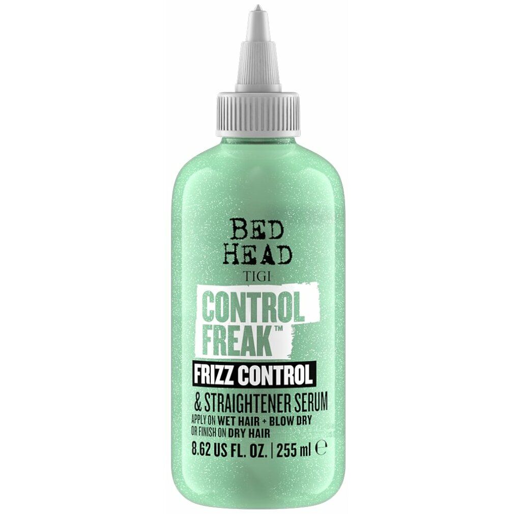 Bed Head Tigi Control Freak Serum. Flasche mit Dosierspitze. Grünliche Flüssigkeit. Text: Control Freak, 255 ml.