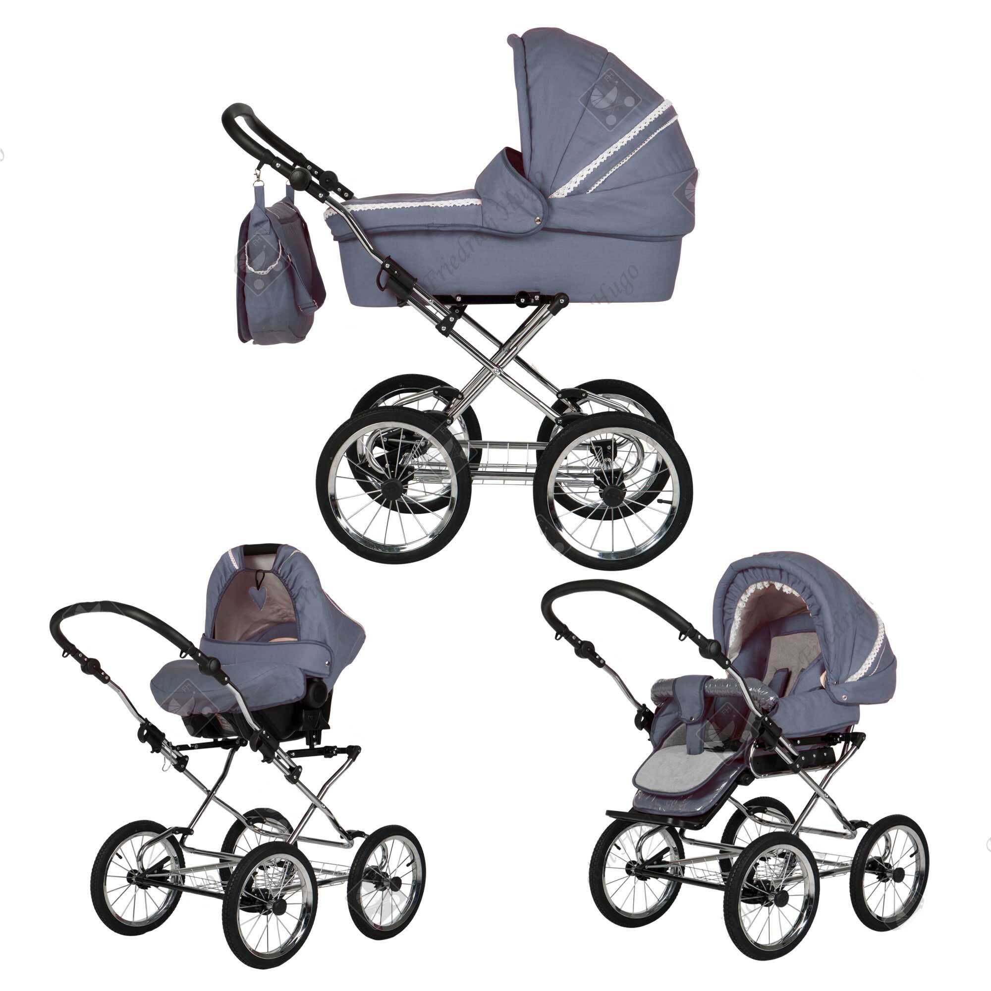 Friedrich Hugo Natureline 3 in 1 Kinderwagen Set Öko Nostalgie Kinderwagen, Elisabeth Stone Creme