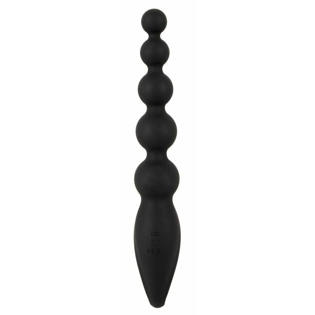 Schwarze Analperlen mit Vibration. Mehrere Kugeln. Ring am Ende. Konische Form.