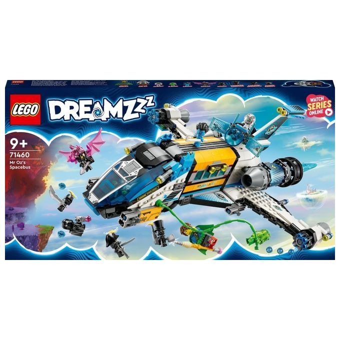 LEGO DREAMZzz 71460 Il Bus Spaziale del Signor Oz. La confezione mostra un giocattolo spaziale costruibile in due modi. Il set include personaggi e accessori. L'astronave è principalmente blu, gialla e bianca.