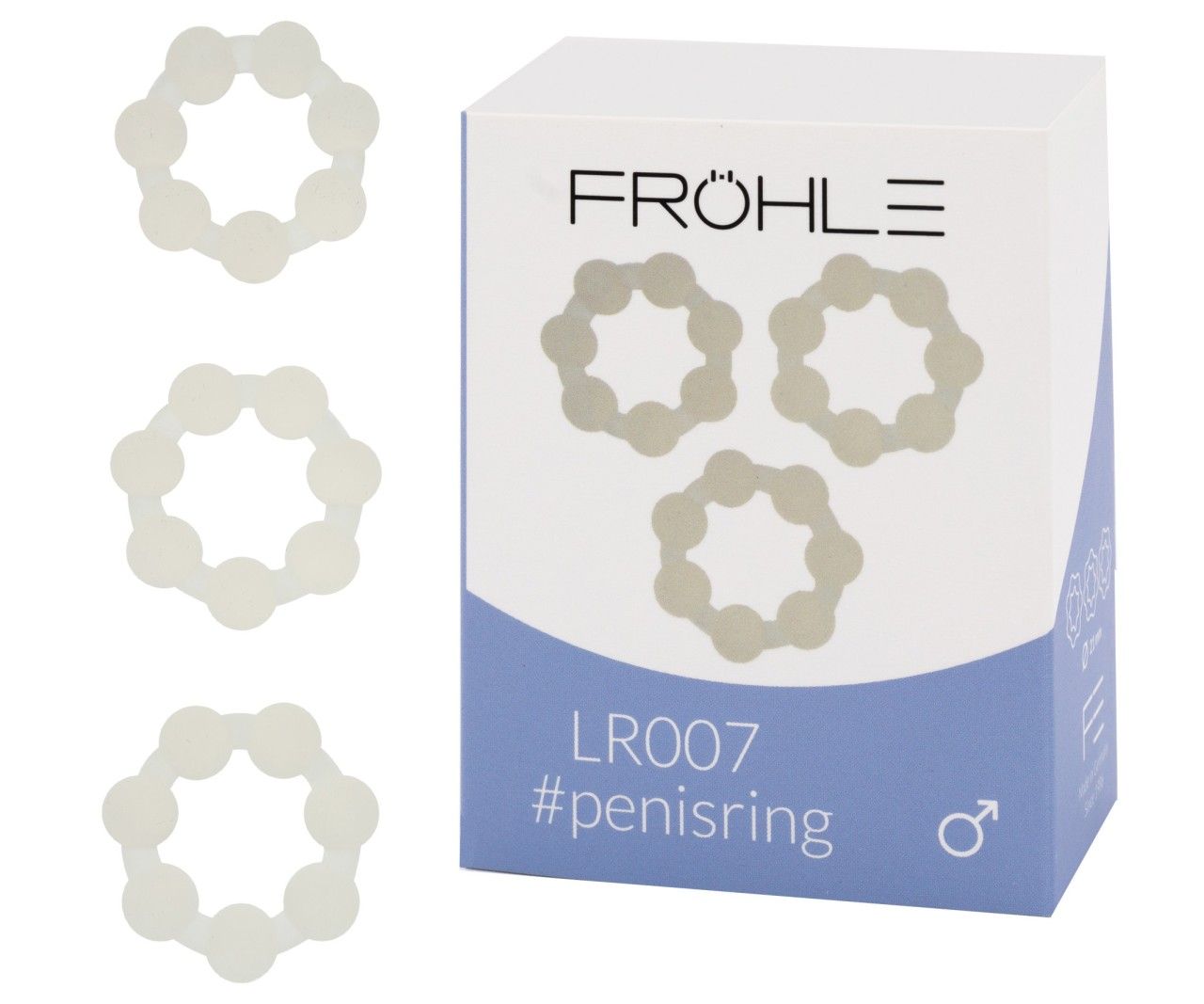 Drei weiße Penisringe, 21 mm, neben der Fröhle LR007 Verpackung. Sternförmiges Design mit acht Kugeln.