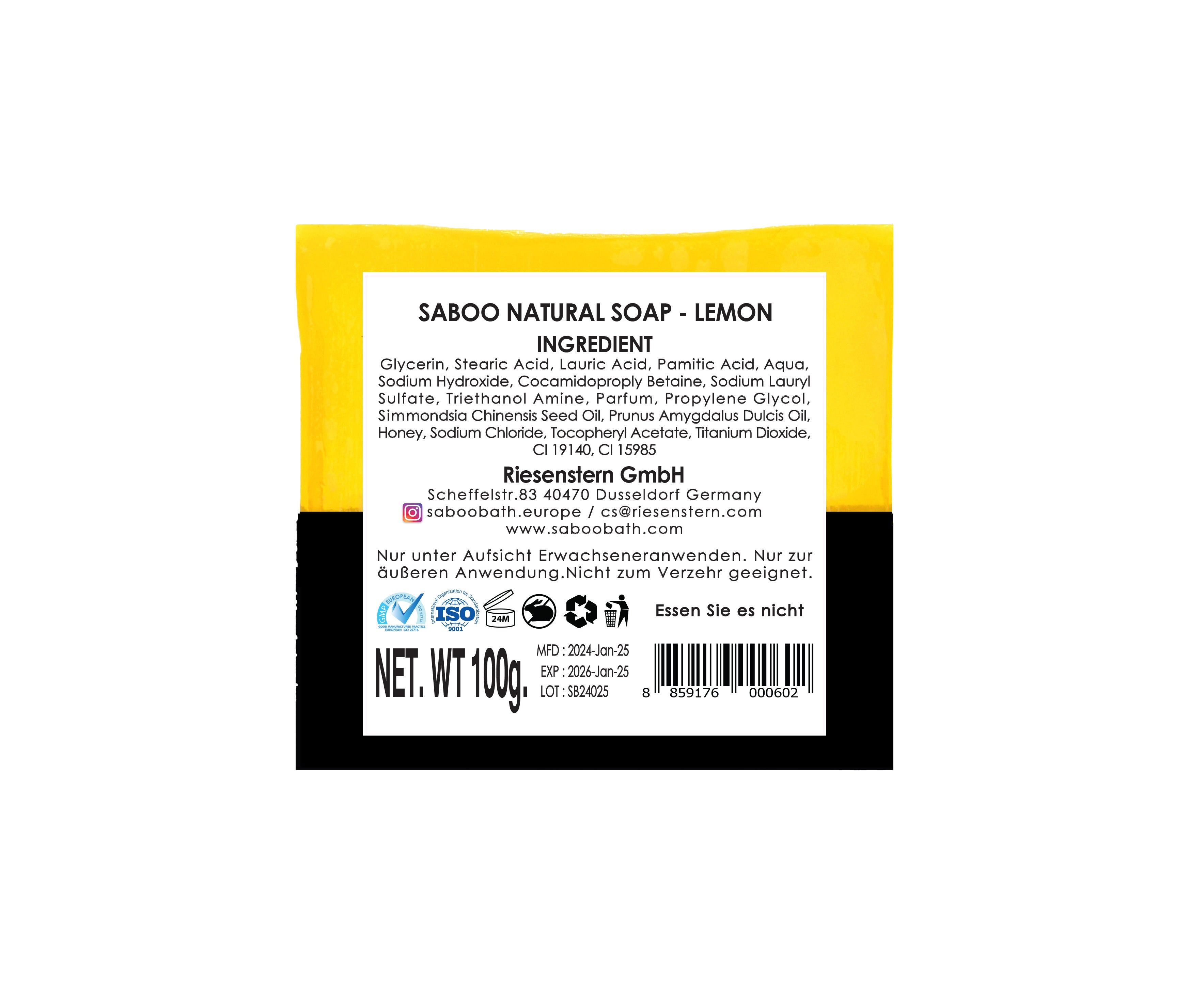 Rückseite der Seife mit Zutatenliste und Herstellerinformationen. Aufschrift: Saboo Natural Soap - Lemon. Nettogewicht 100g.