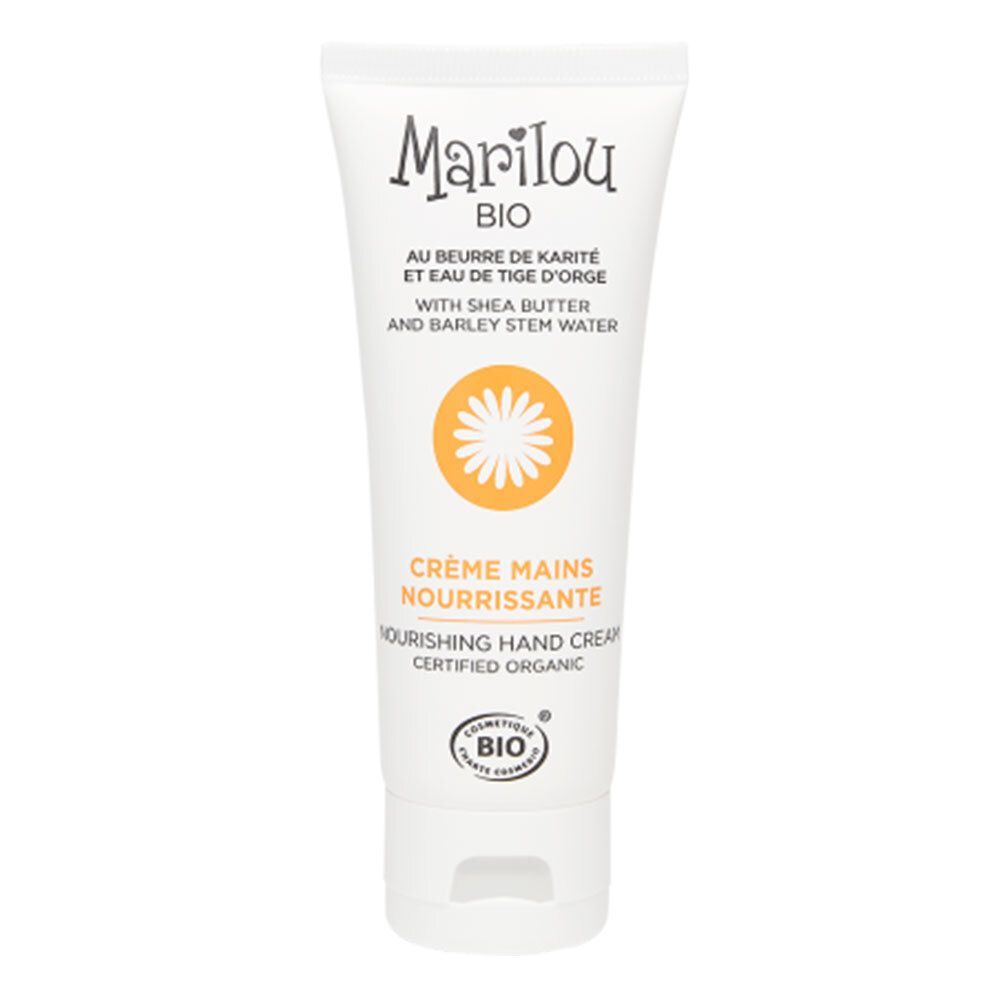 Weiße Tube mit Marilou BIO Handcreme, angereichert mit Sheabutter und Gerstenstammwasser. Zertifiziert biologisch.