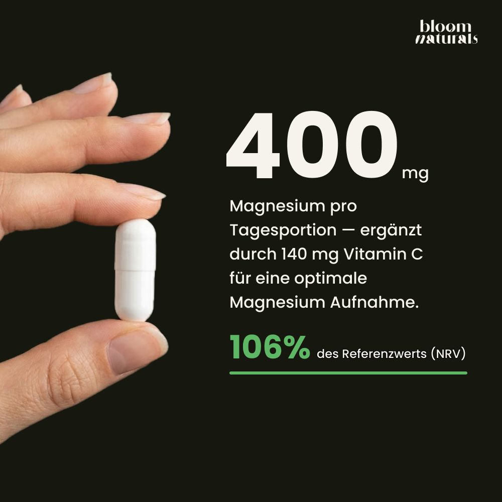 Hand hält eine Kapsel. Text: 400 mg Magnesium pro Tagesportion, ergänzt durch 140 mg Vitamin C.
