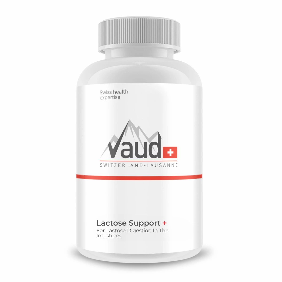 Weiße Flasche mit Schraubverschluss. Aufschrift: Vaud, Lactose Support+. Für die Verdauung von Laktose im Darm.