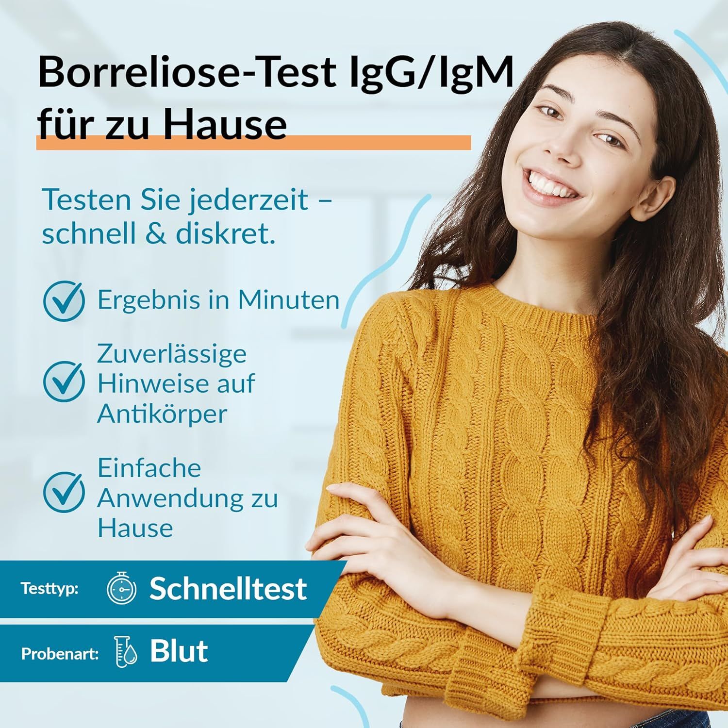 Frau mit gelbem Pullover, lächelnd. Text: 'Borreliose-Test IgG/IgM für zu Hause'. Vorteile: Ergebnisse in Minuten, Hinweise auf Antikörper, einfache Anwendung.